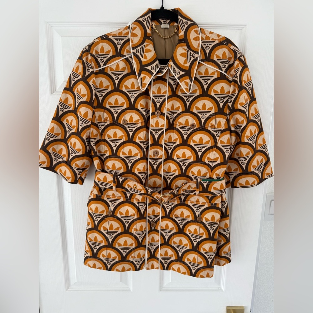 Gucci X Adidas Orange GG Trefoil Cotton Belted Jacket Size 52 - Picture 4 of 6